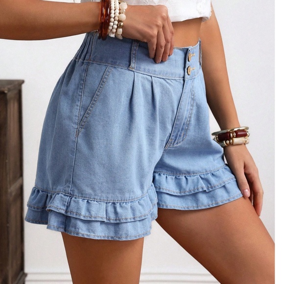 Boho Light Wash High Waisted Ruffle Hem Denim Jean Shorts - Picture 3 of 5